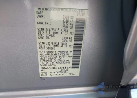 2019 Nissan Murano Sv z USA, uszkodzony, nr VIN 5N1AZ2MJ1KN154114